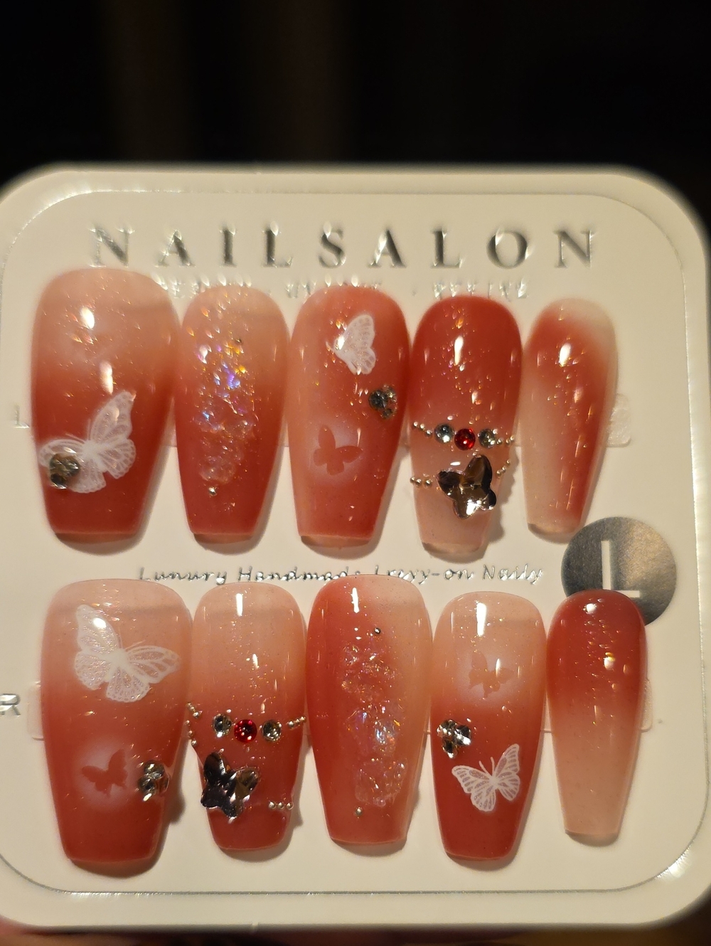 Handcrafted Pink Ombre Press-On Nails with Butterfly Accents Size Large